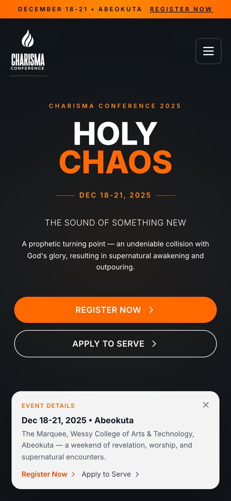 Charisma Conference website on a phone