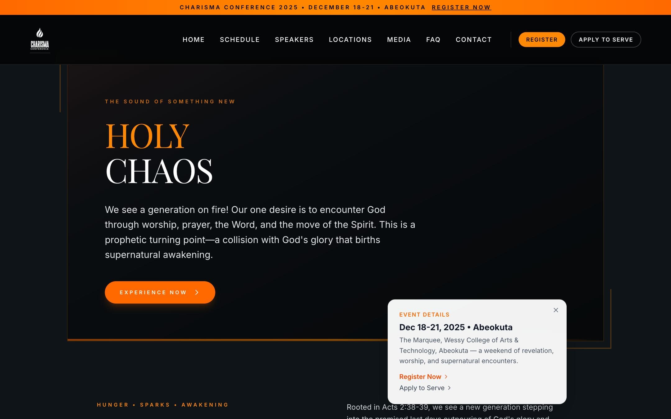 Charisma Conference website, further down the home page