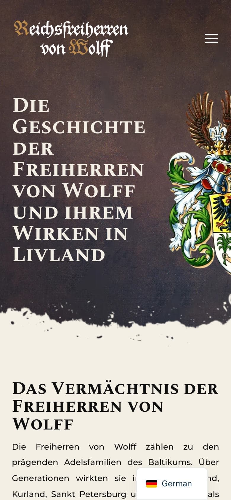 Freiherren von Wolff website on a phone