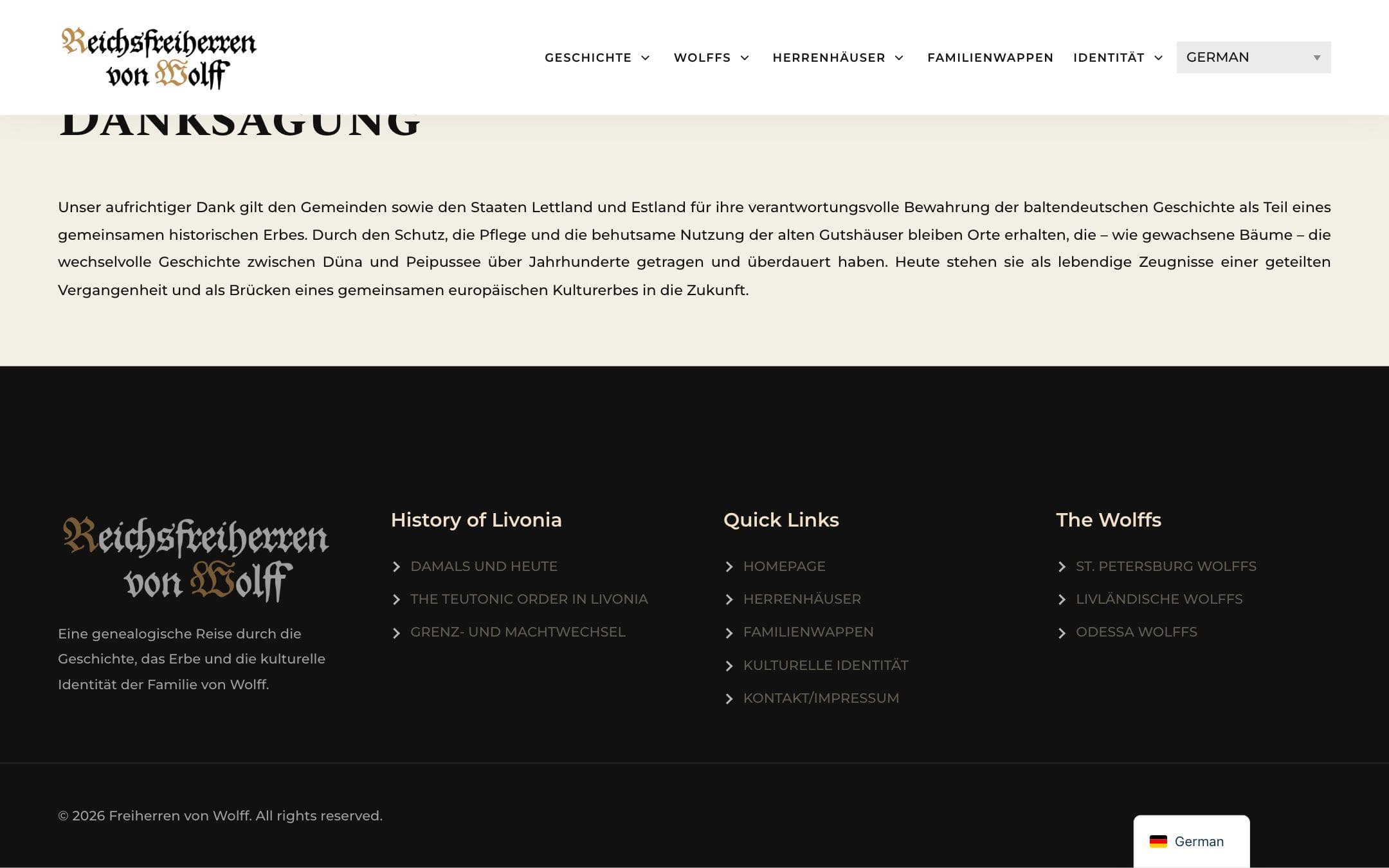 Freiherren von Wolff website, further down the home page