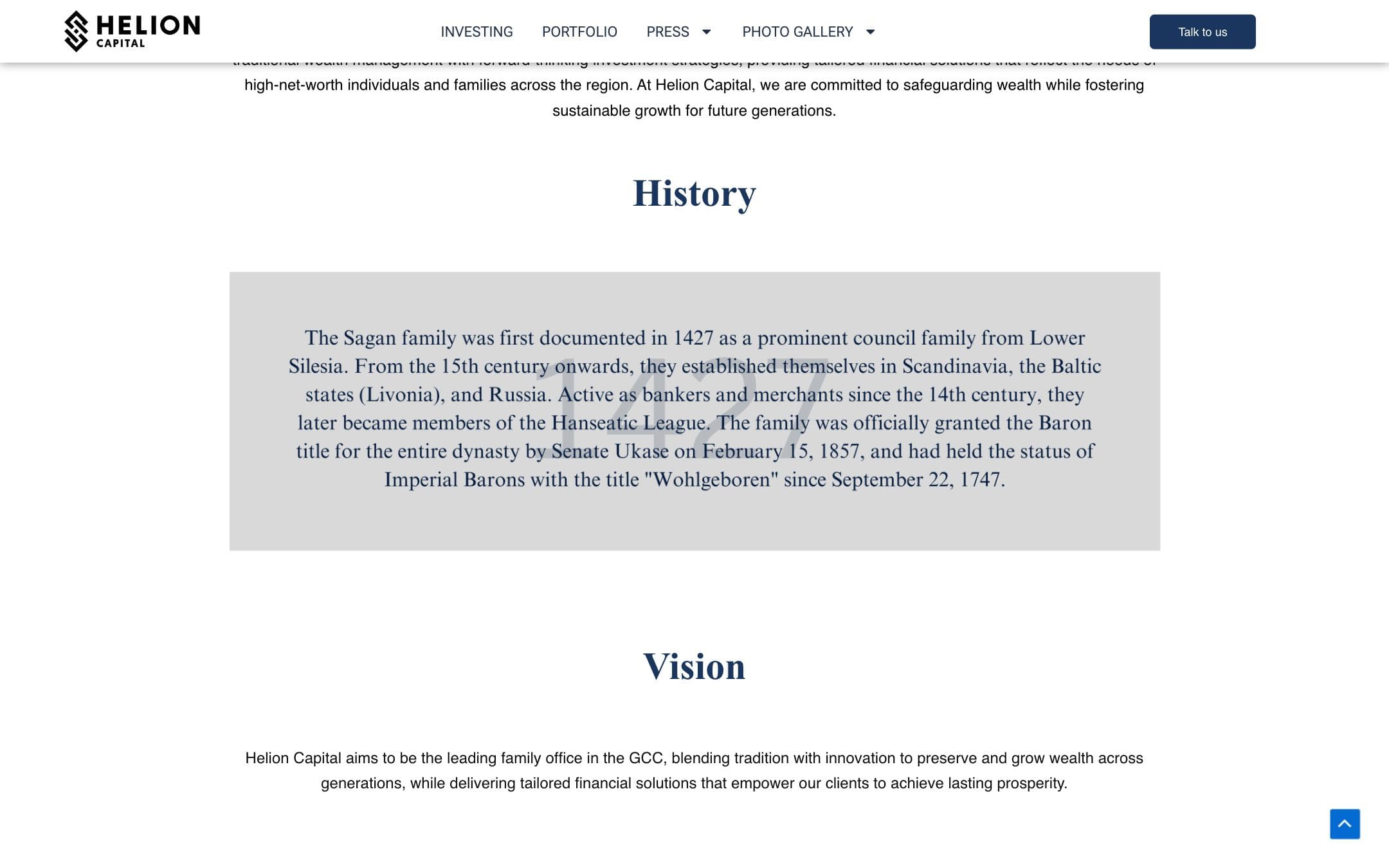 Helion Capital website, further down the home page