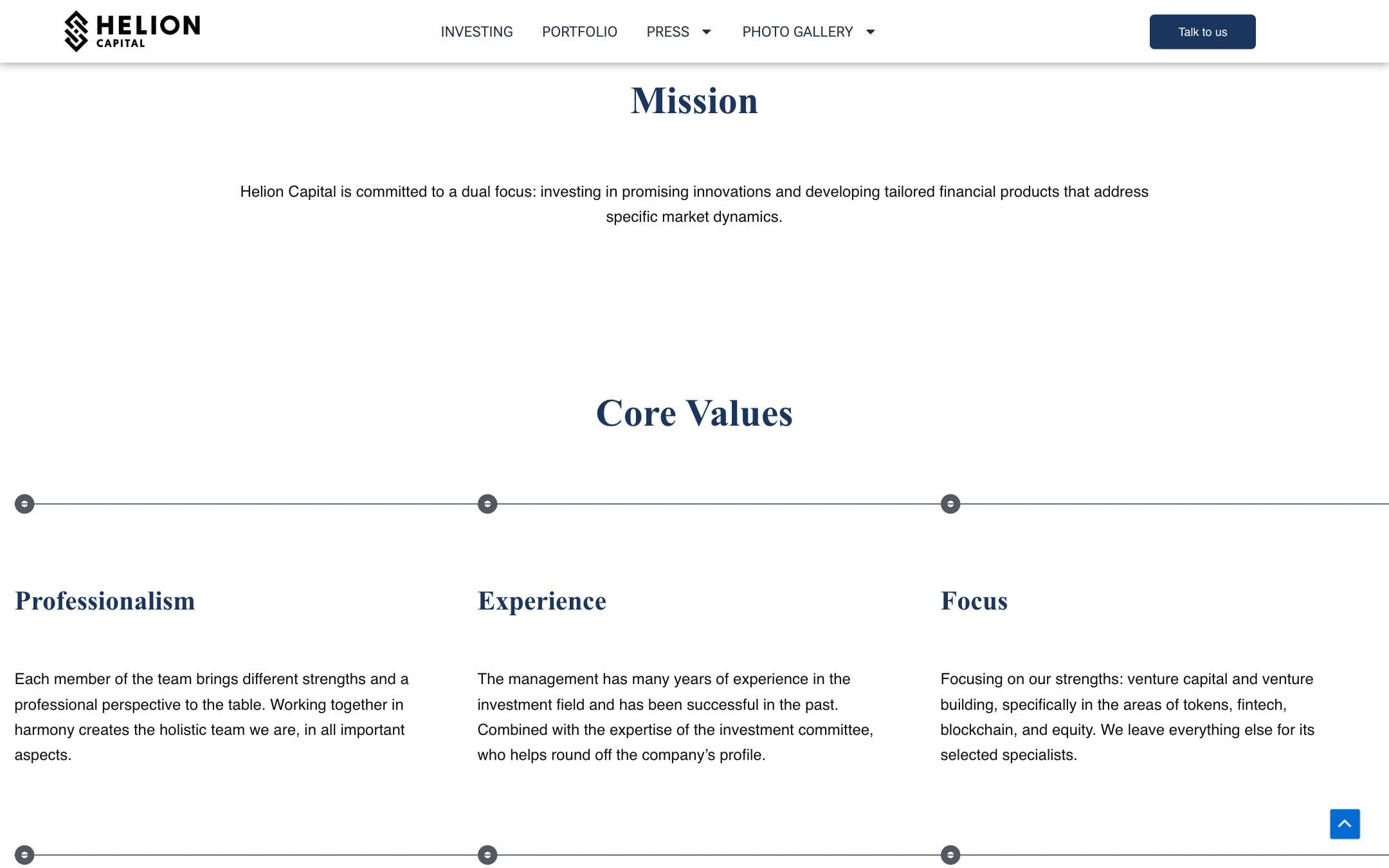 Helion Capital website, further down the home page