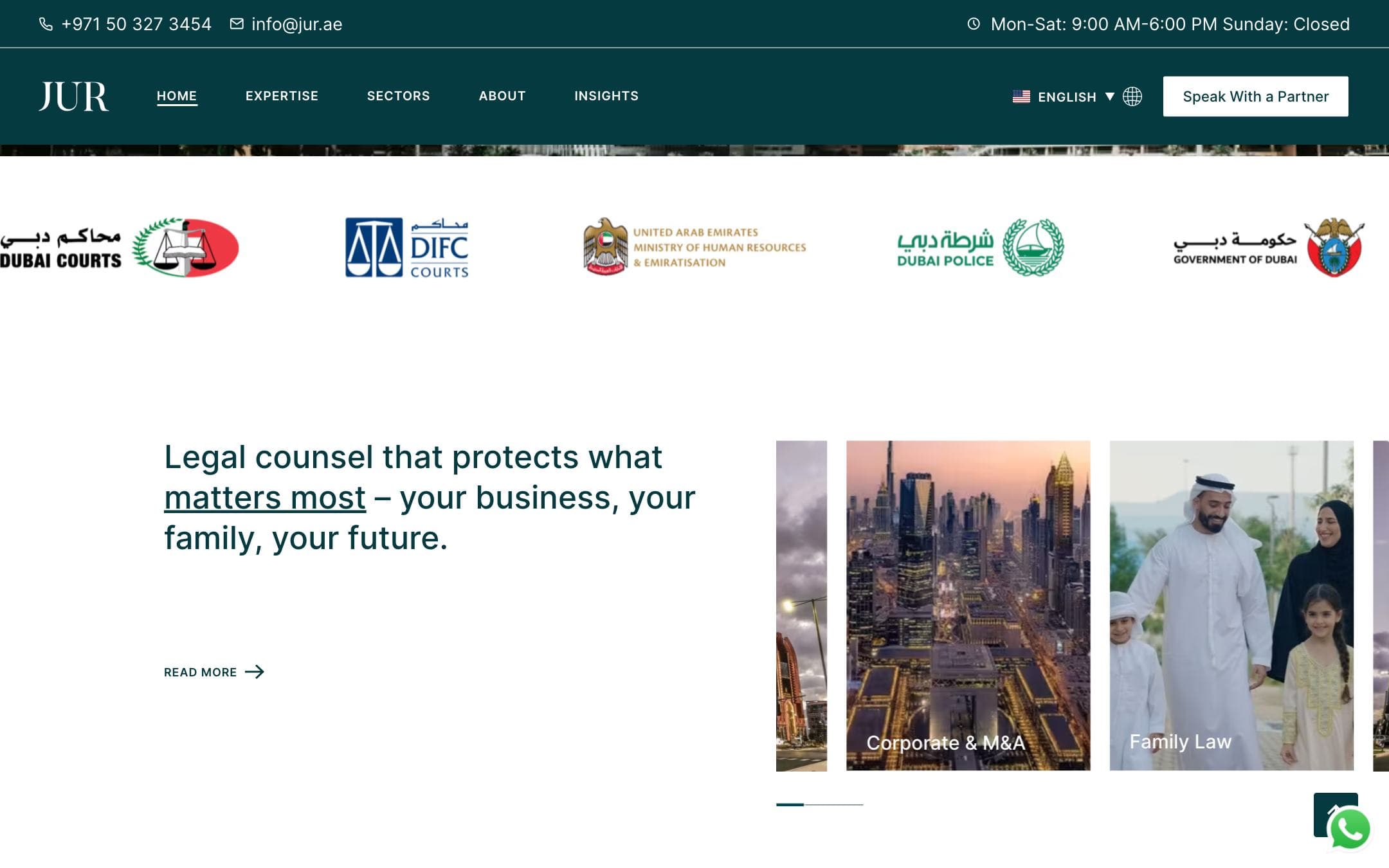 JUR.AE website, further down the home page