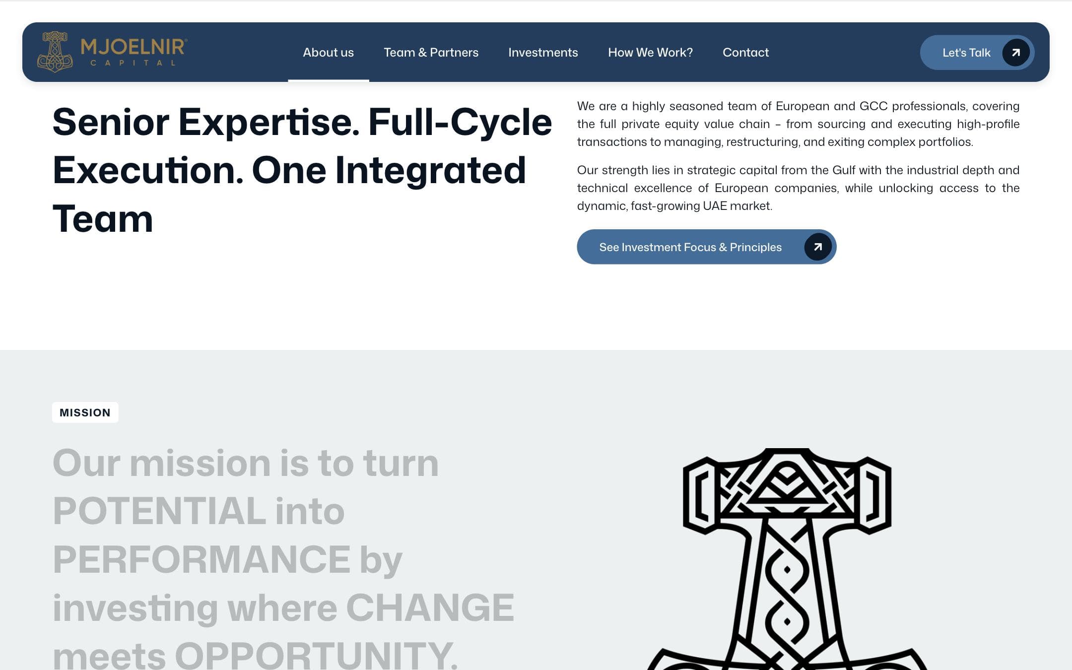 Mjoelnir Capital website, further down the home page